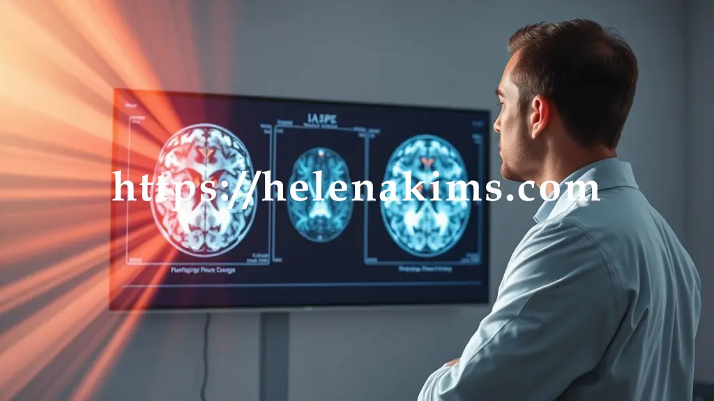 신경과 전문의가 환자의 뇌 MRI/DaTscan 영상을 보며 설명하는 모습.