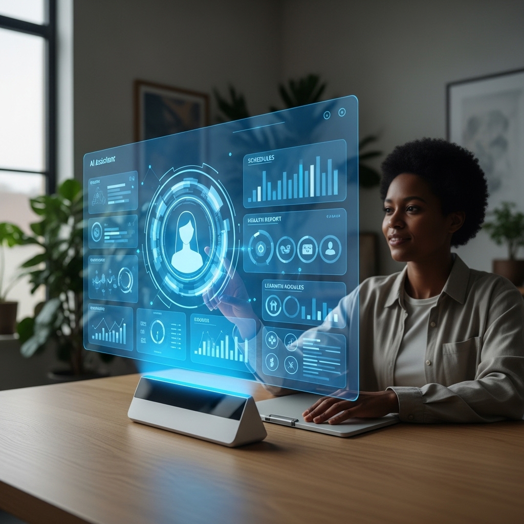 2025년의 AI 개인화 비서가 사용자 일정, 건강 데이터, 학습 내용 등을 홀로그램으로 보여주며 생산성을 높이는 모습