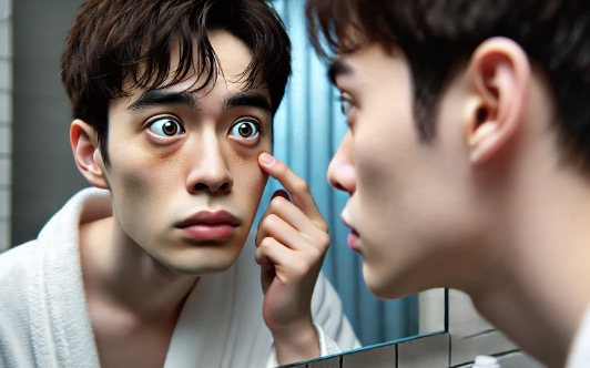 거울을 보며 피부와 눈을 걱정하는 남성의 모습