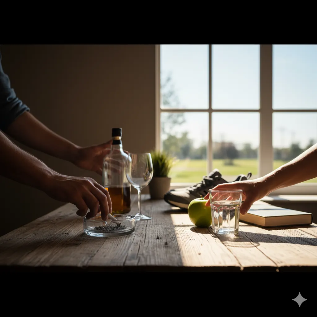 한 손에 담배를 내려놓고 다른 한 손으로는 빈 와인잔을 치우는 모습 등, 건강에 해로운 습관과 단호하게 이별하고 새로운 건강한 삶을 선택하는 모습을 상징적으로 표현합니다.