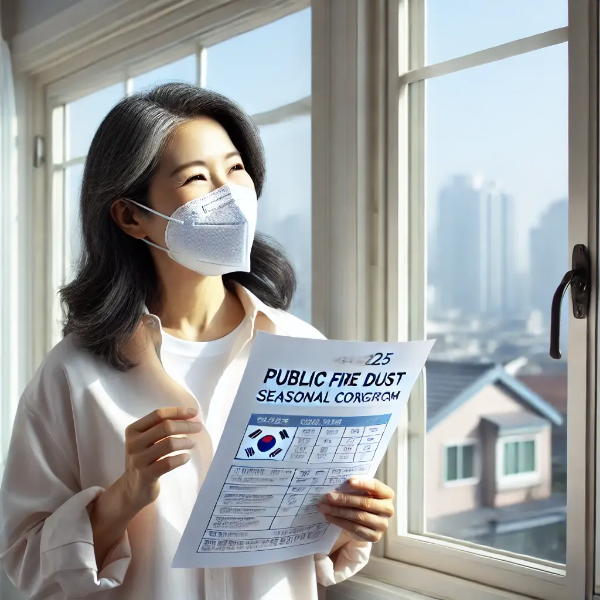 아파트 창가에서 미세먼지 마스크를 벗고 맑은 하늘을 바라보며 공기질 안내서를 든 동양인 중년 여성의 초고해상도 사진