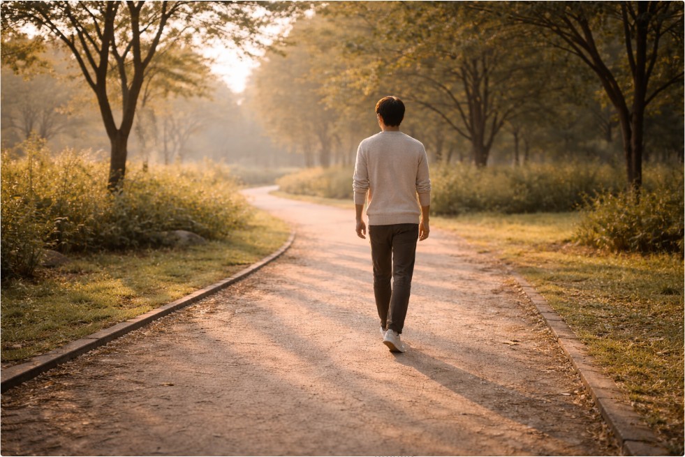 이른 아침 길을 혼자 걸어가는 사람의 뒷모습