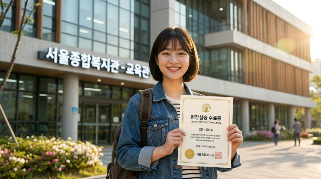 실습을 마치고 밝게 웃으며 실습 기관 문을 나서는 실습생