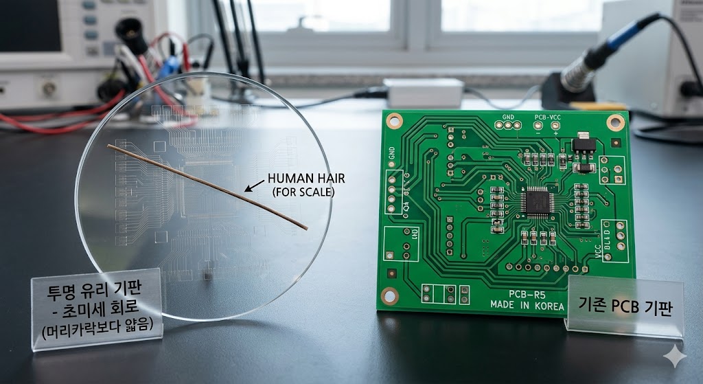 머리카락보다 얇은 회로가 그려진 투명한 유리 기판과 초록색 기존 PCB 기판을 대비시킨 사진