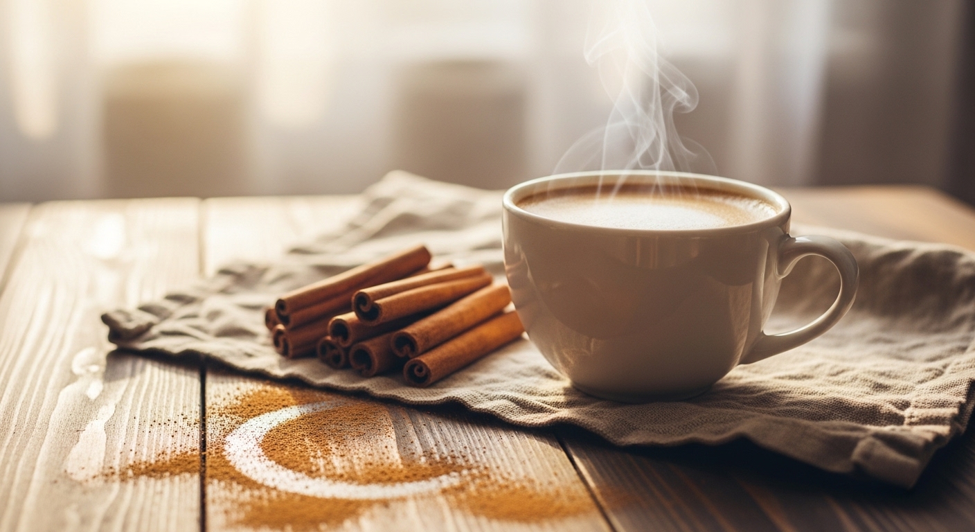 인슐린 저항성 개선에 도움을 주는 시나몬 파우더와 아침 햇살이 비치는 커피 한 잔의 조화로운 이미지