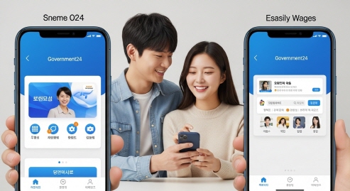 정부24 앱 첫 화면을 들여다보는 젊은 부부