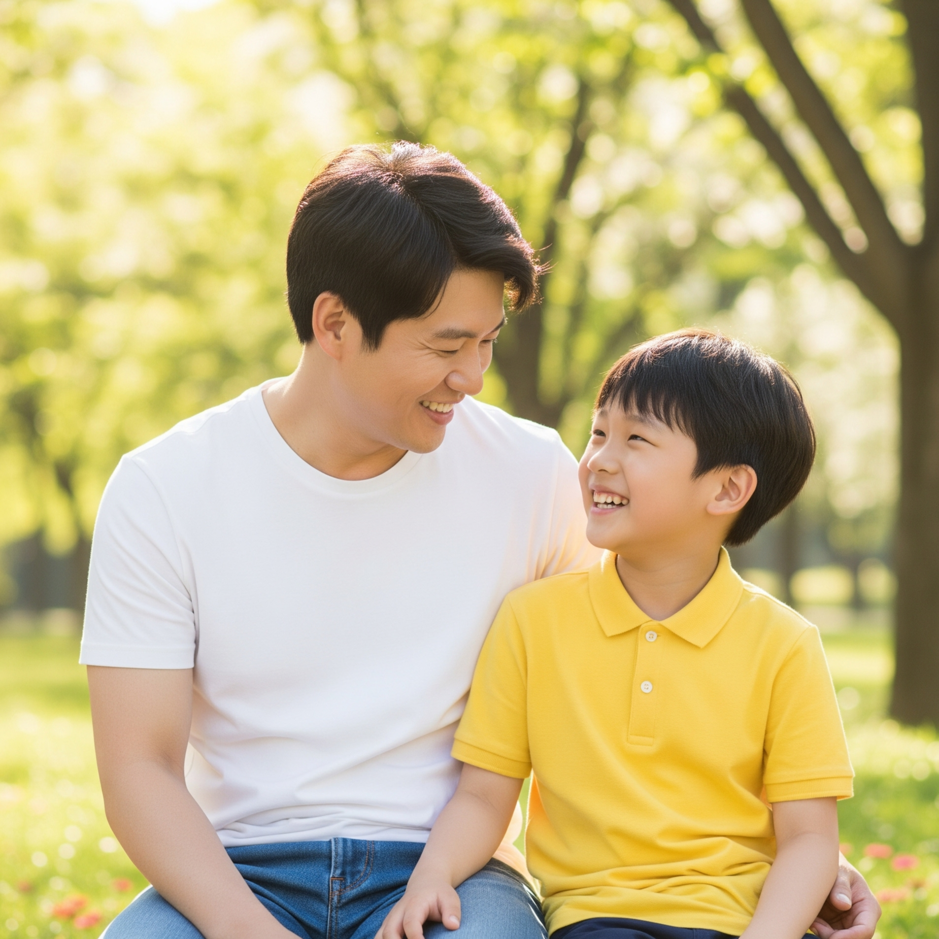 서로 마주보며 행복하게 웃는 아빠와 아들