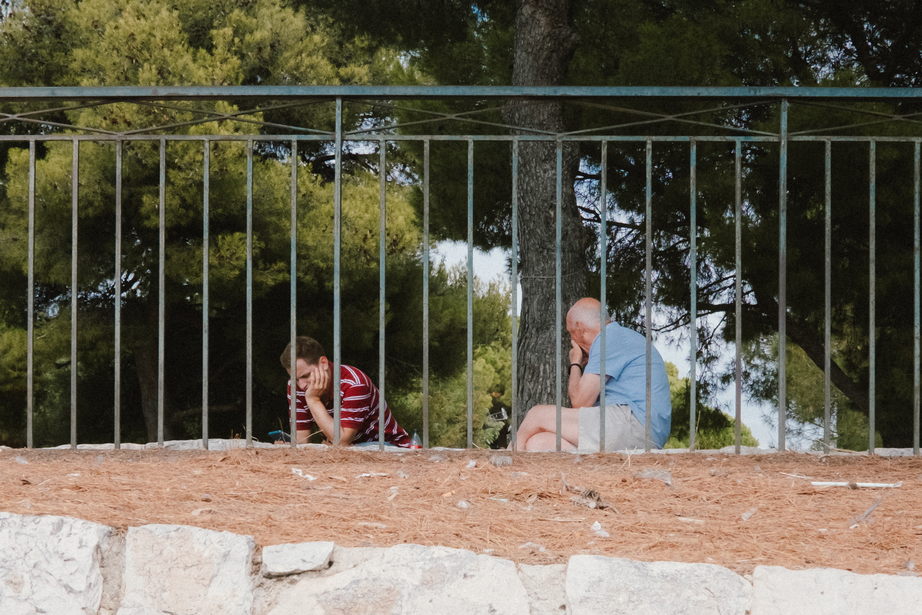 라이카 M-P 240으로 촬영한 스냅 사진에 VGP Portra 400 프리셋을 적용한 모습. 공원 벤치에 앉은 두 남자의 모습 위로 노란색과 붉은색이 가미된 따뜻한 햇살의 기운이 느껴짐. 특히 바닥의 흙과 인물의 피부 톤이 앞선 프리셋들보다 더 생기 있고 따스하게 표현되며, 전체적으로 풍부한 색조와 부드러운 대비를 보여주는 필름 스타일 보정 사진