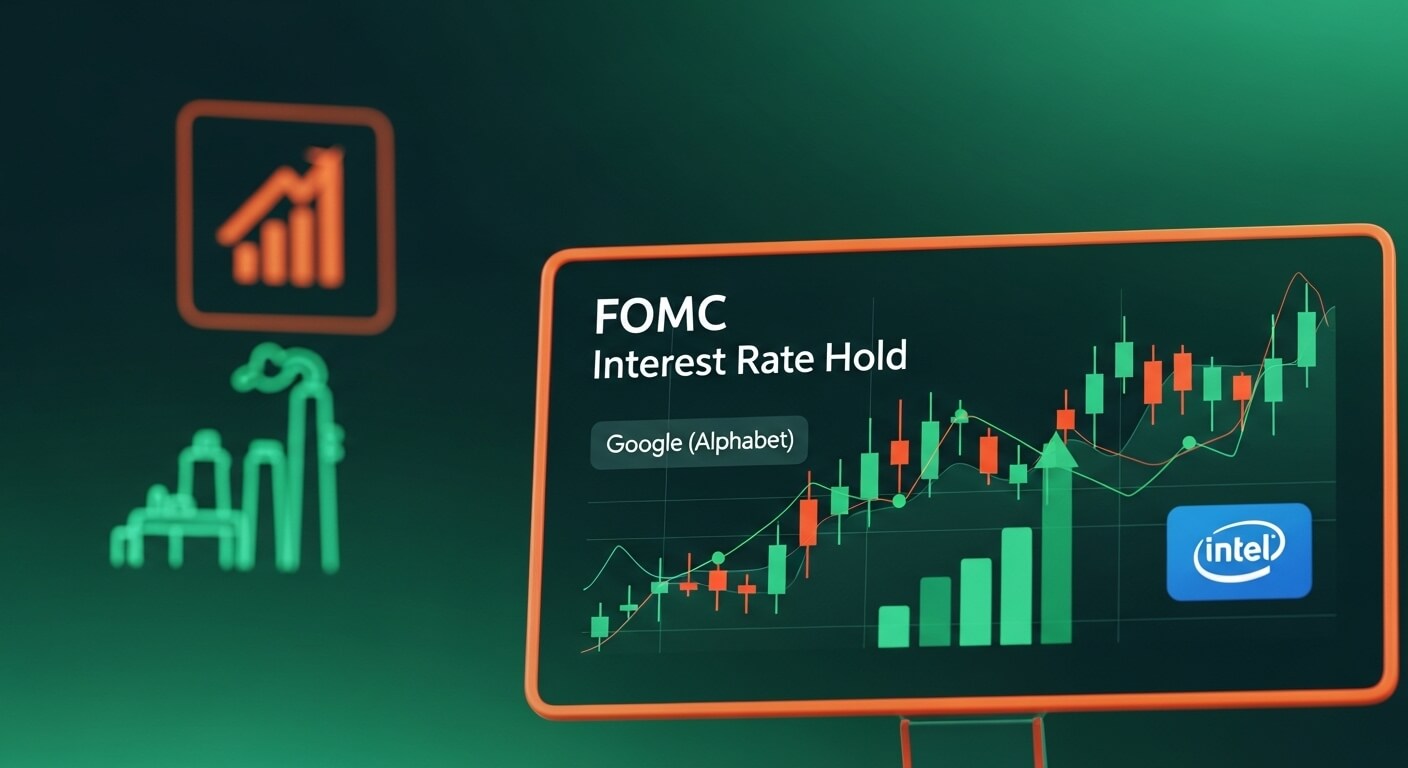 FOMC INTREATEST RATE - HOLD 와 GOOGLE 의 주식차트와 INTEL 이있다