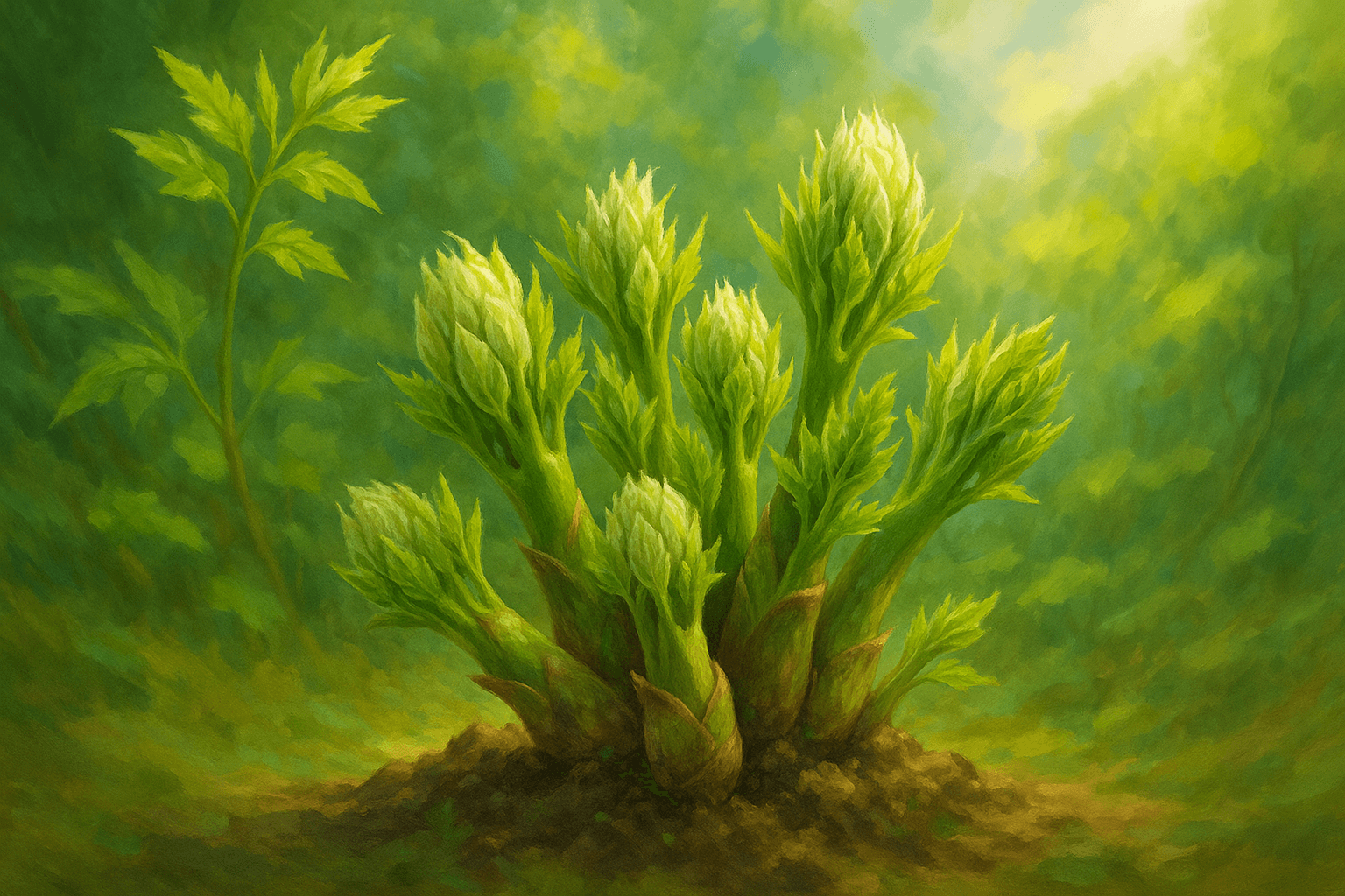 두릅의 건강 효능을 상징적으로 표현한 이미지