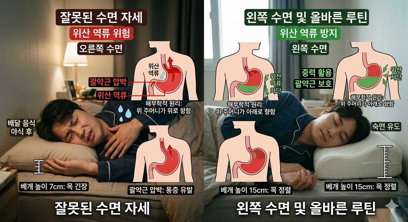 배달 음식 섭취 후 발생하는 위산 역류를 방지하기 위한 왼쪽 수면 자세의 해부학적 원리와 수면 환경 최적화 전략