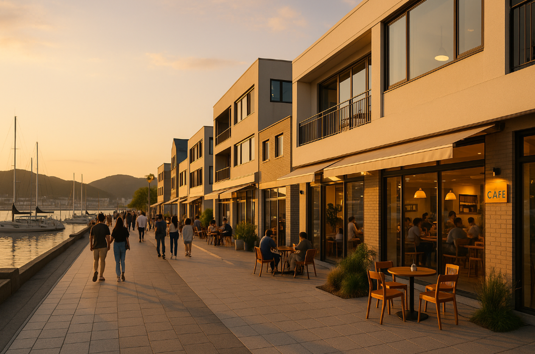 통영 도남동 감성 카페거리, 가로형, 따뜻한 햇빛, 항구와 카페가 함께 보이는 신상 핫플