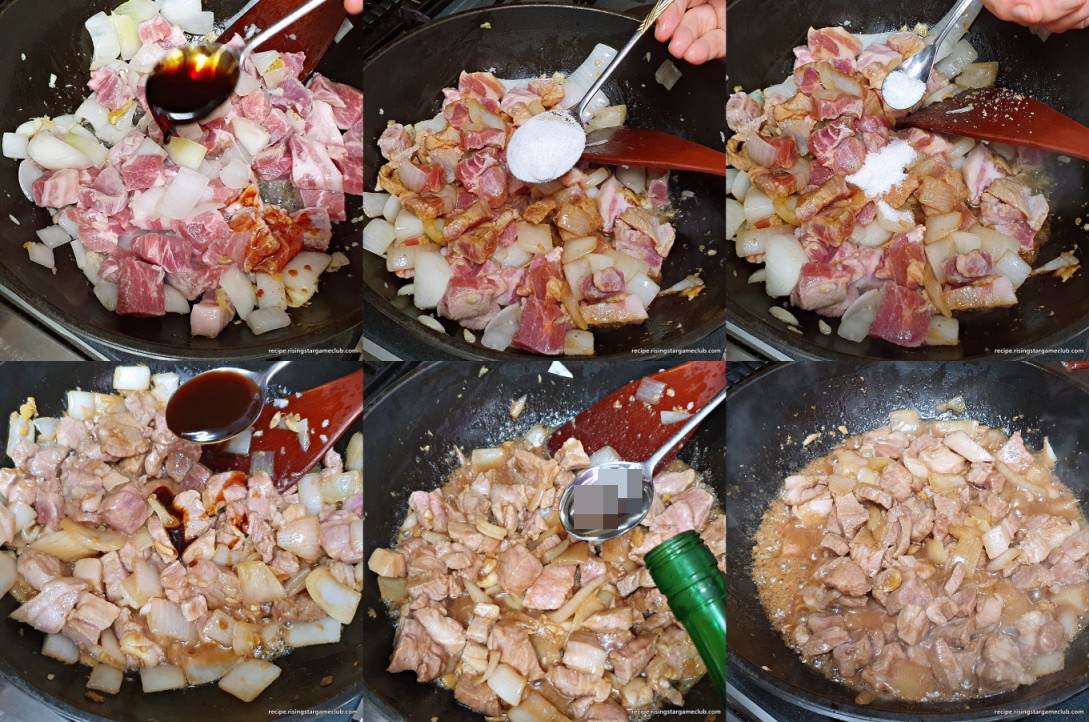짜장밥을 하기 위해서 낸 마늘 생강 양파 기름에 고기를 넣고 갖은 양념(간장 2T&#44; 설탕 1T&#44; 식용유 6T&#44; 미원 1/2Ts&#44; 굴소스 2T&#44; 청주 2T)을 넣으며 볶아주는 사진