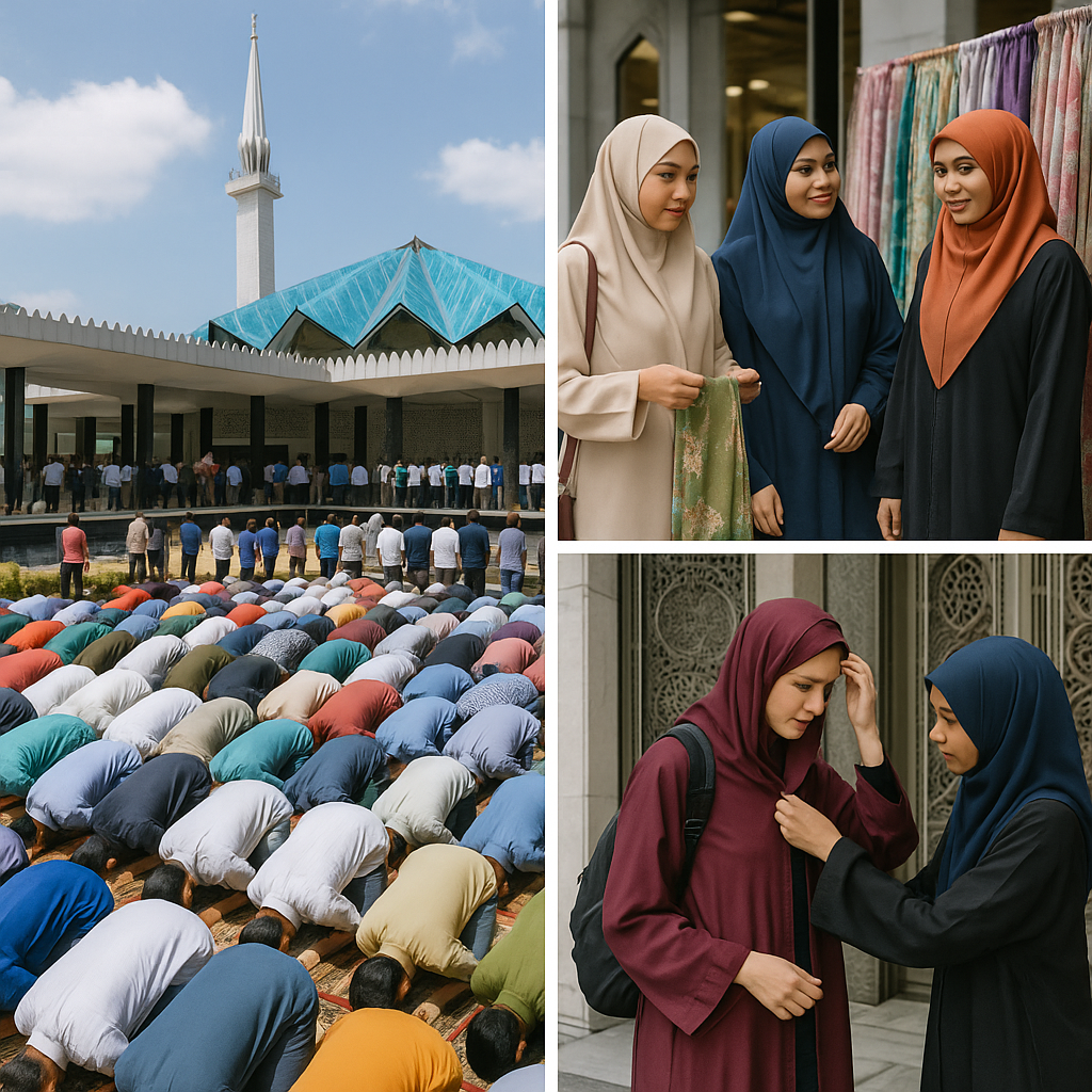 말레이시아 모스크에서 금요일 기도 행렬이 진행되는 가운데, 무슬림 여성이 히잡을 고르고 관광객에게 복장을 돕는 모습을 담은 세 장의 사진 모음