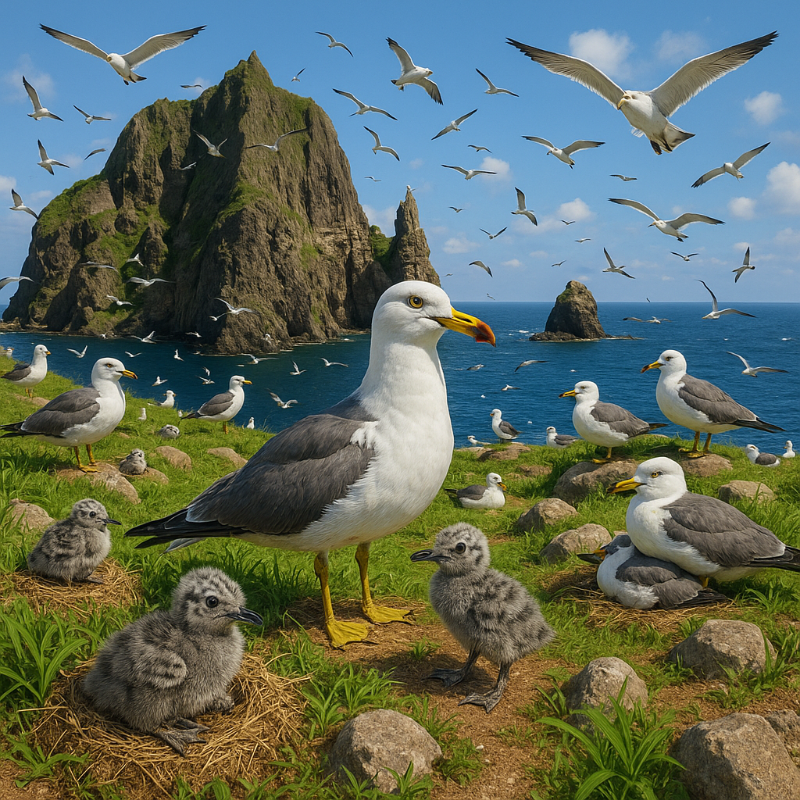 괭이갈매기(Larus crassirostris): 독도에서 가장 흔하게 볼 수 있는 조류로, 매년 4월부터 8월까지 독도에서 번식합니다. 수천 쌍이 독도의 절벽과 평탄한 지역에 둥지를 틀어 독도 최대의 조류 군집을 형성합니다.