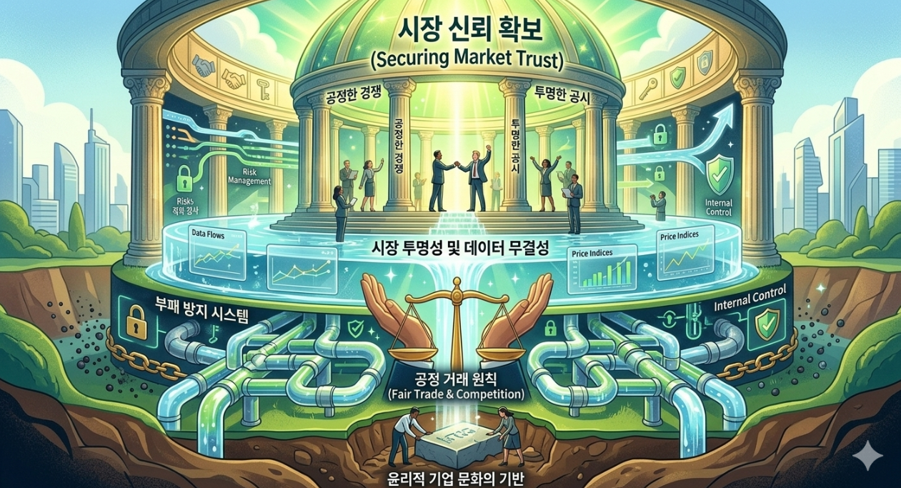 공정함과 투명한 신뢰'를 시각화한 미니멀 스타일의 일러스트