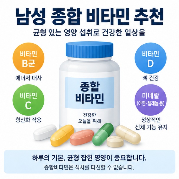 종합비타민 병과 여러 비타민 미네랄 아이콘을 배경으로 남성 종합 비타민 추천이라는 글자가 중앙에 놓인 교육용 인포그래픽