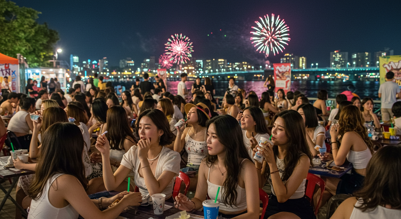 한강 불꽃축제를 즐기는 시민들