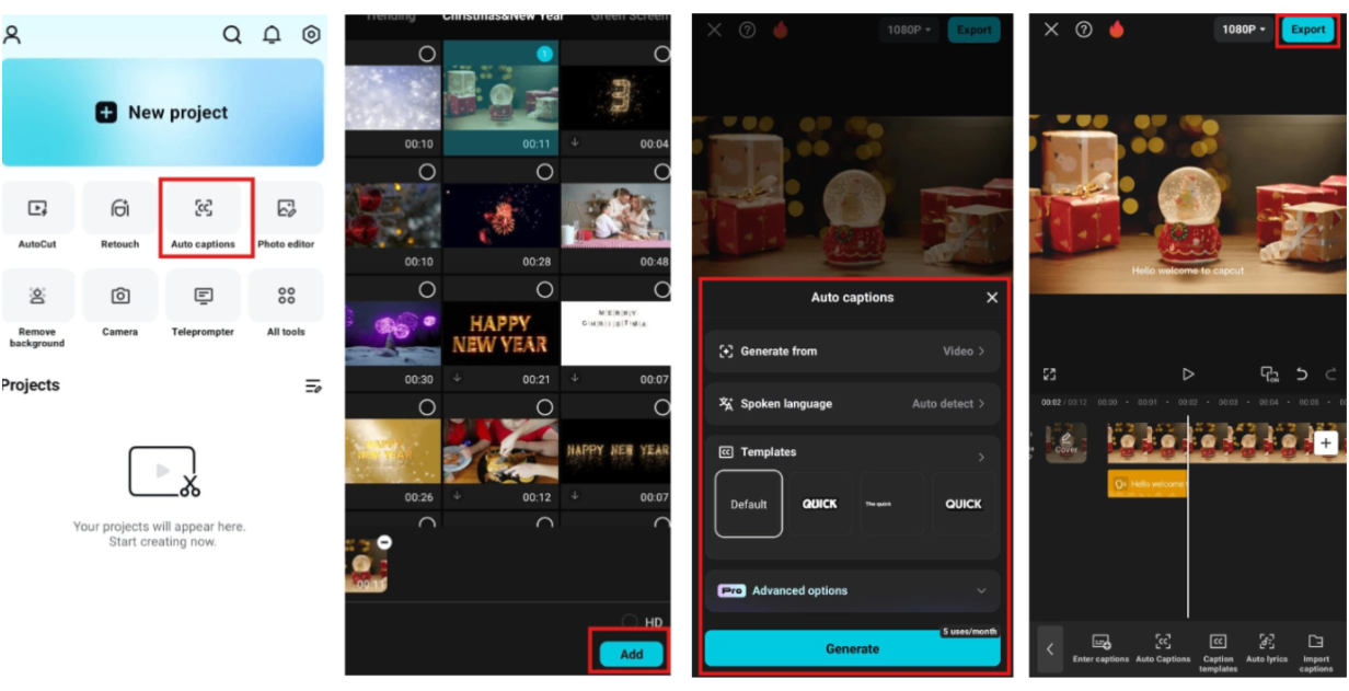 alt="캡컷 자동 자막 기능으로 음성을 텍스트 자막으로 변환하는 모바일 편집 화면"