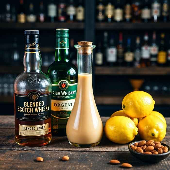 카메론 킥 재료 - 스카치 위스키, 아이리시 위스키, 오르쟈 시럽과 레몬