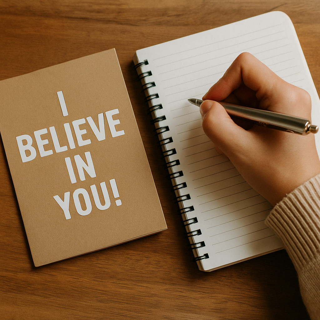 ‘I BELIEVE IN YOU!’라는 문구가 적힌 카드와 노트, 그리고 따뜻한 조명 아래에서 글을 쓰는 손이 함께 담긴 응원의 분위기 사진