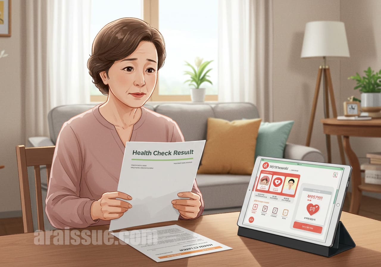 건강검진 결과를 확인하며 지원금을 알아보는 모습