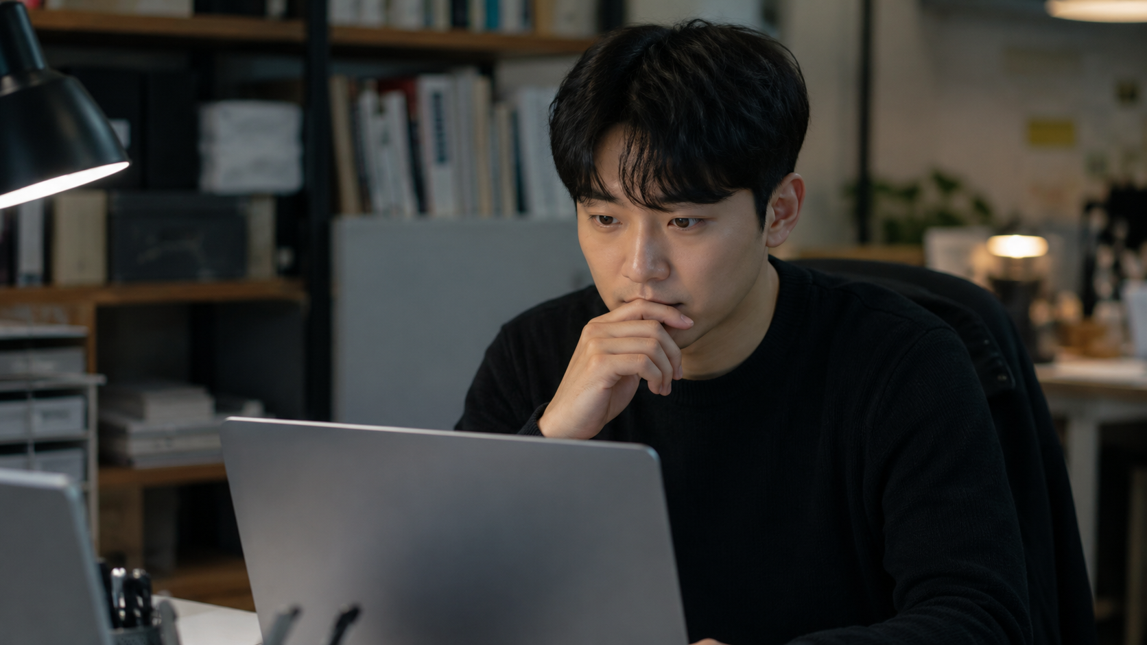 노트북 앞에서 AI 검색 결과를 보는 한국 20대 직장 (라이프)