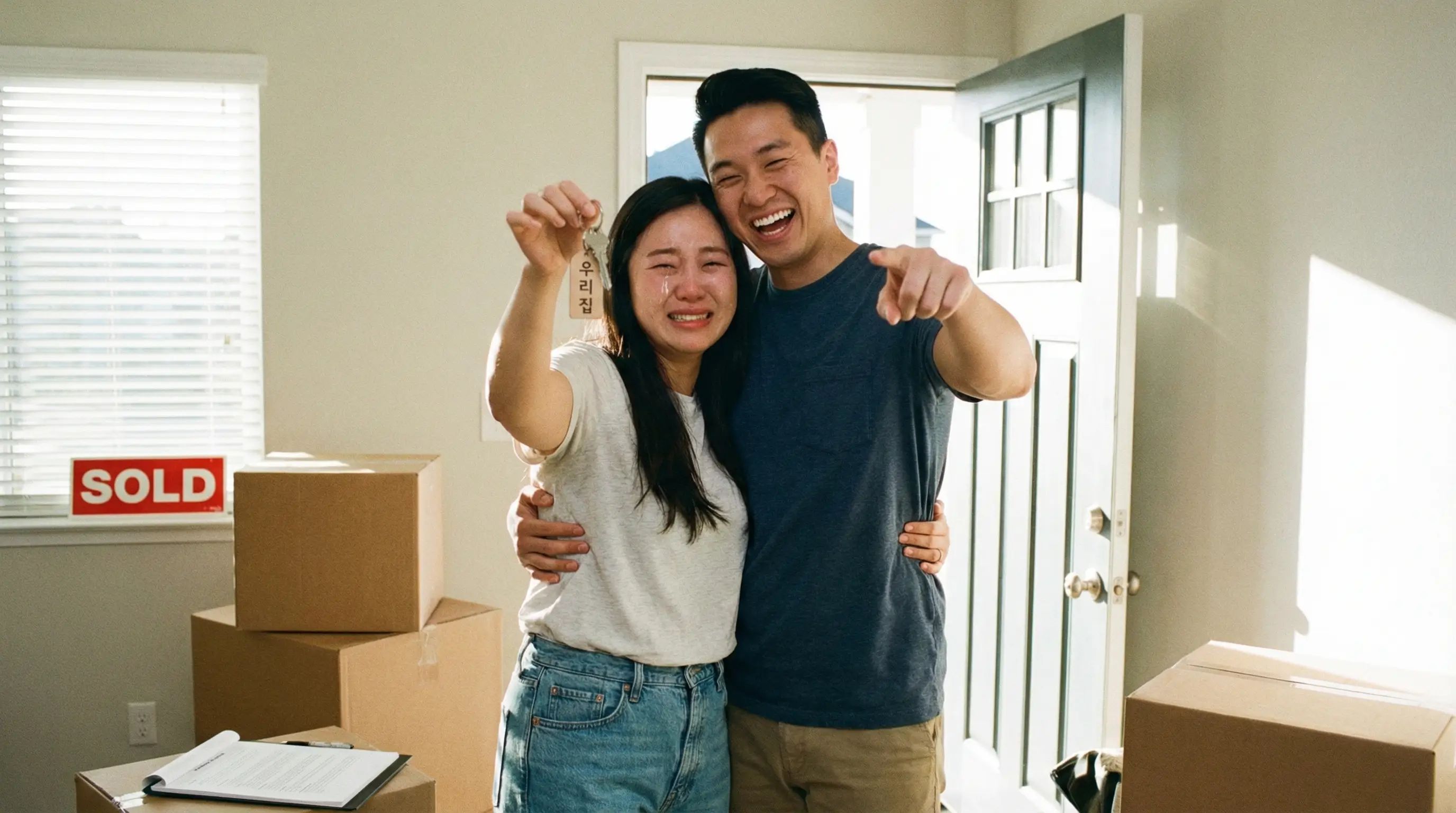 모든 대출 변경 절차를 성공적으로 마치고 새 집 열쇠를 받으며 기뻐하는 모습