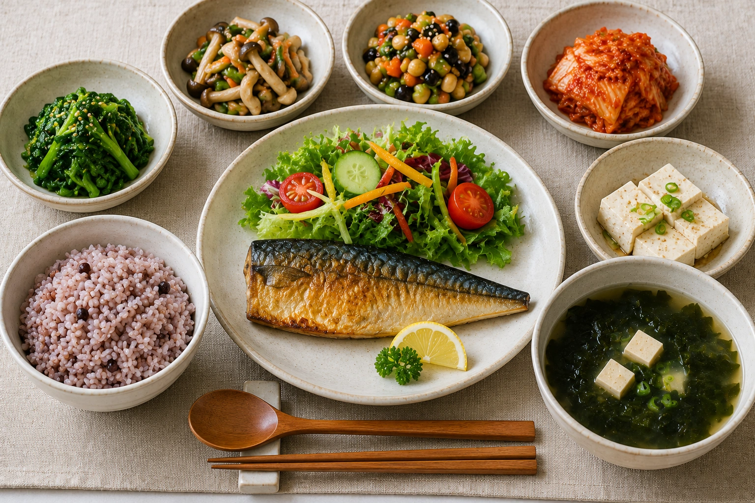 잡곡밥&amp;#44; 생선구이&amp;#44; 샐러드&amp;#44; 나물&amp;#44; 두부&amp;#44; 미역국으로 구성된 균형 잡힌 당뇨 식단을 위에서 촬영한 한식 식사 이미지
