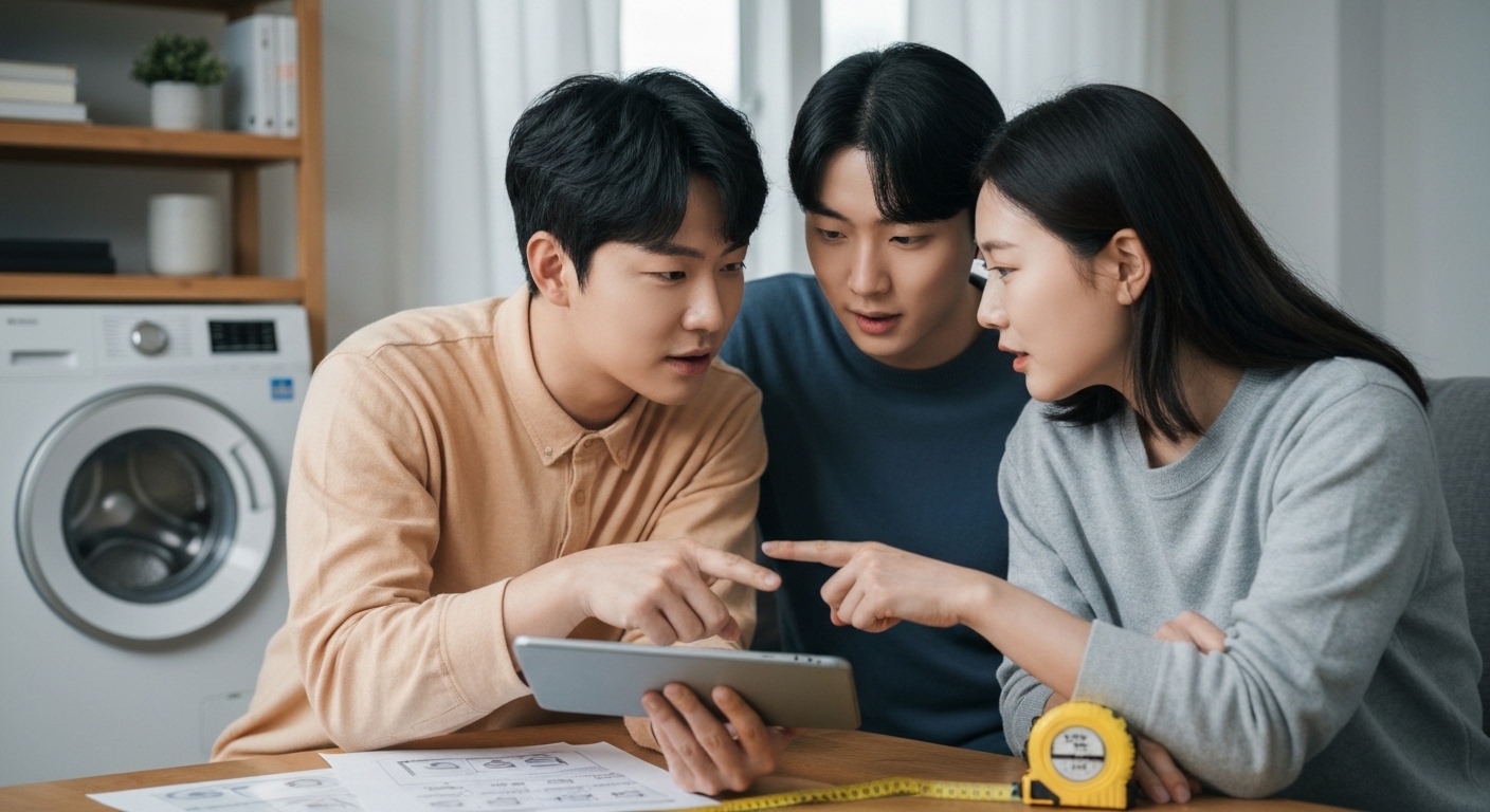 세탁기 구매 전 가족 구성원과 설치 공간을 고려하는 한국인 부부