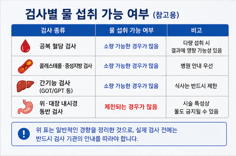혈액검사별 물 섭취 가능 여부