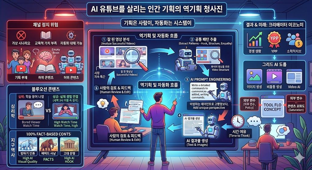 AI 유튜브 성공 전략 (채널 정지 기준, 블루오션 장르, 역기획)