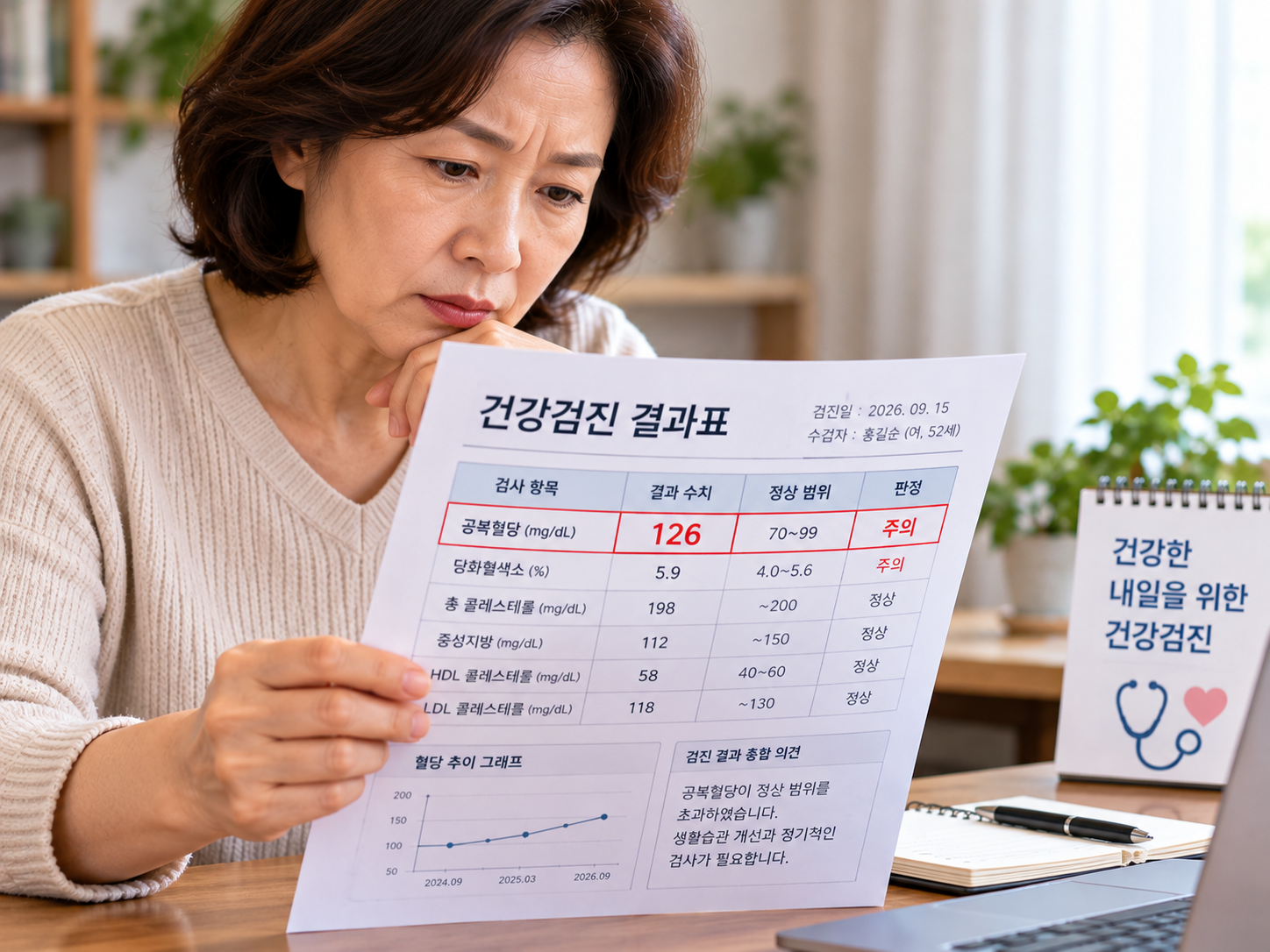 건강검진 결과표의 혈당 수치를 확인하는 중년 여성의 이미지