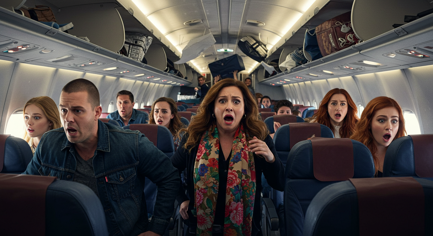 사람들이 난기류를 만나 비행기 안에서 당황하는 모습