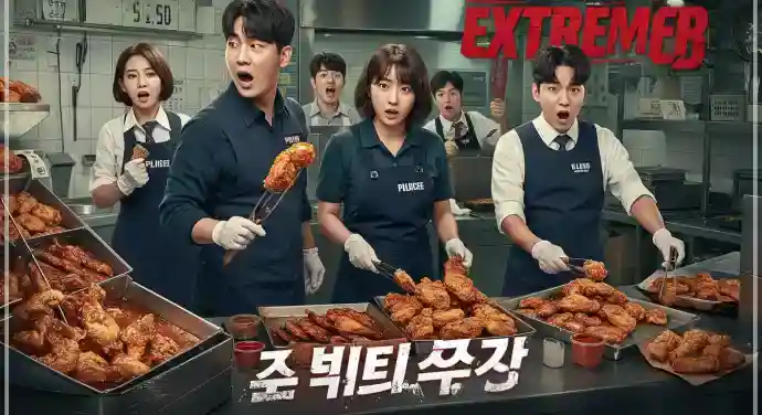 영화 극한직업 포스터 이미지로 류승룡과 이하늬 진선규 주연의 이병헌 감독 작품이며 마약반 형사들의 치킨집 위장수사를 다룬 액션 코미디 장르