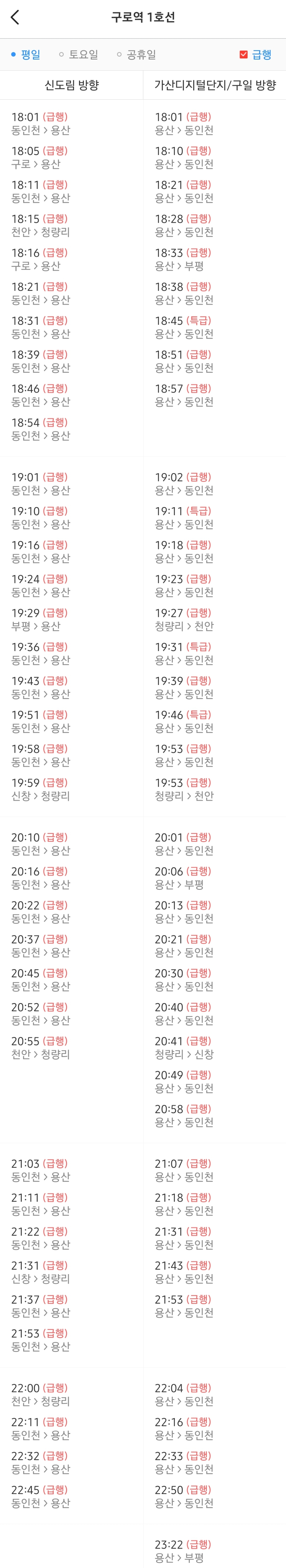 구로역 1호선 평일 저녁 급행열차 시간표
