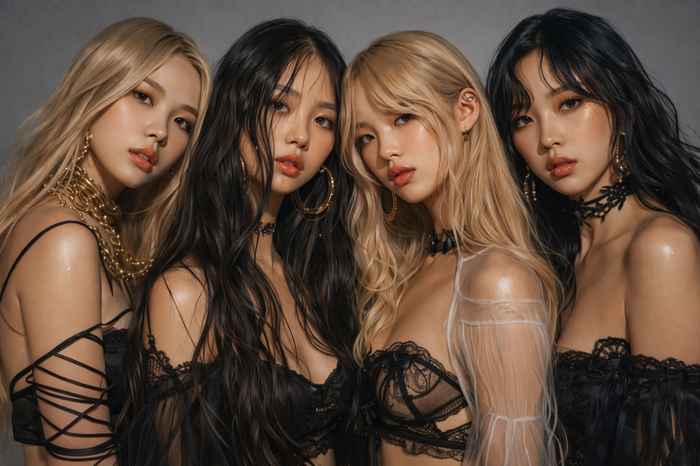 중성 톤 스튜디오 배경에서 블랙 의상을 입은 네 명의 인물이 패션 화보처럼 포즈를 취한 K-POP 감성 이미지입니다.