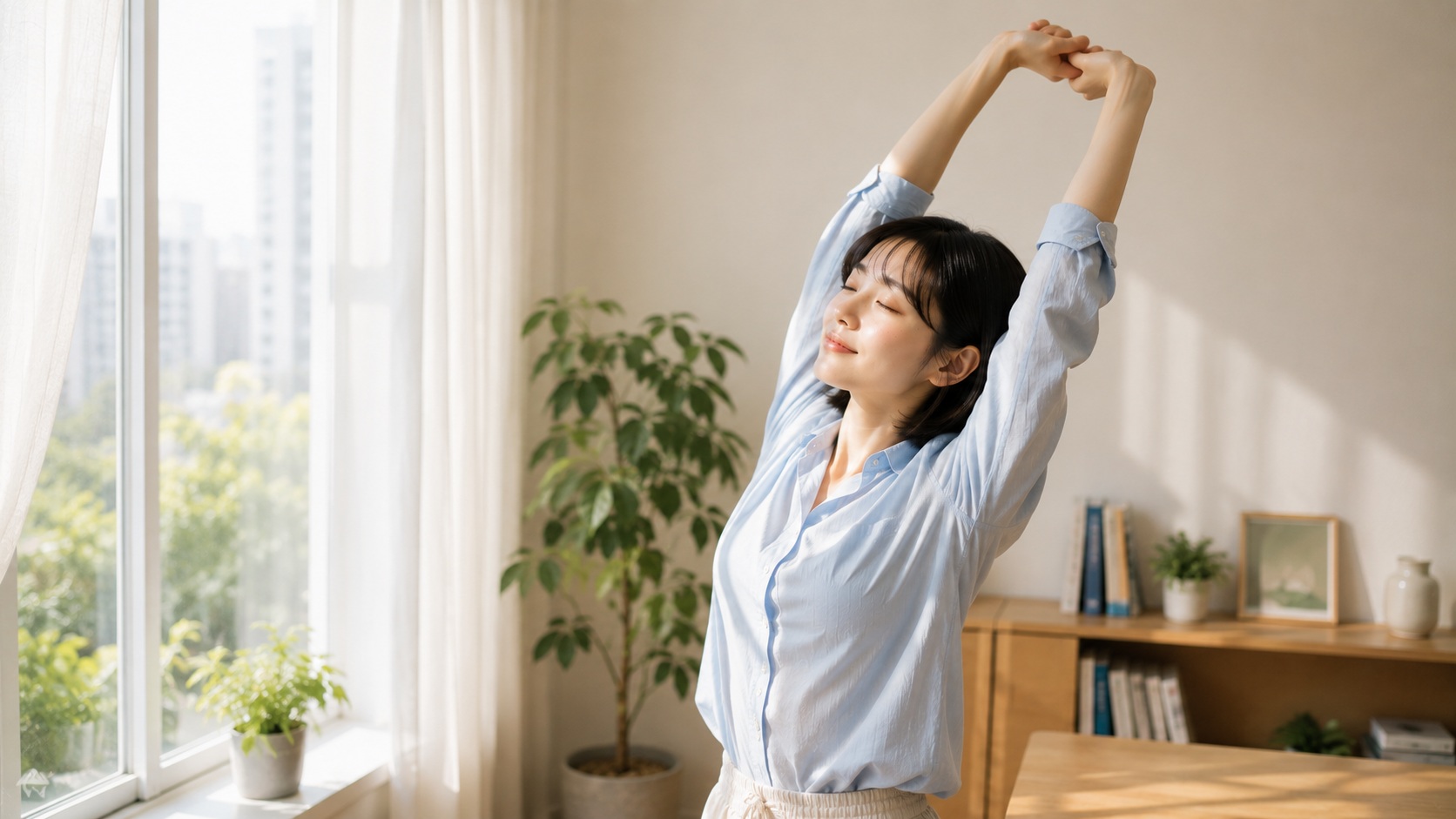 창가에서 스트레칭하며 수면 건강을 점검하는 여성
