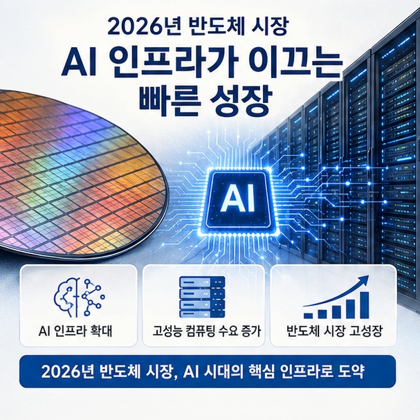 반도체 웨이퍼와 AI 데이터센터를 통해 2026년 반도체 시장이 인공지능 인프라와 고성능 컴퓨팅 수요를 중심으로 빠르게 성장하고 있음을 보여 주는 그림