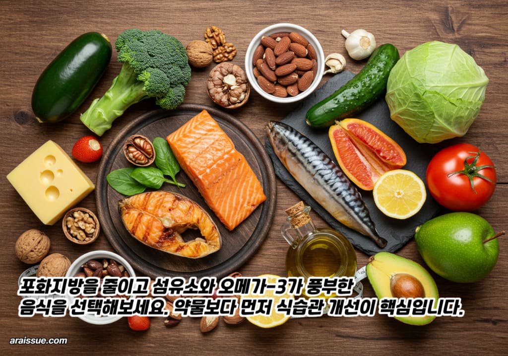 포화지방을 줄이고 섬유소와 오메가-3가 풍부한 음식을 선택해보세요. 약물보다 먼저 식습관 개선이 핵심입니다.