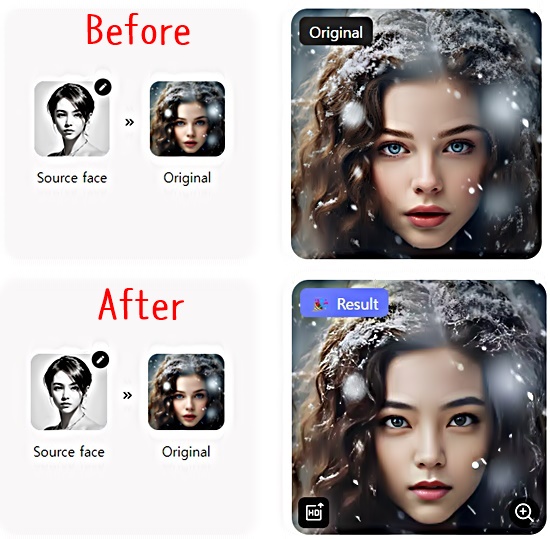 실시간 온라인 페이스 스왑(face swap) 전후 결과 비교