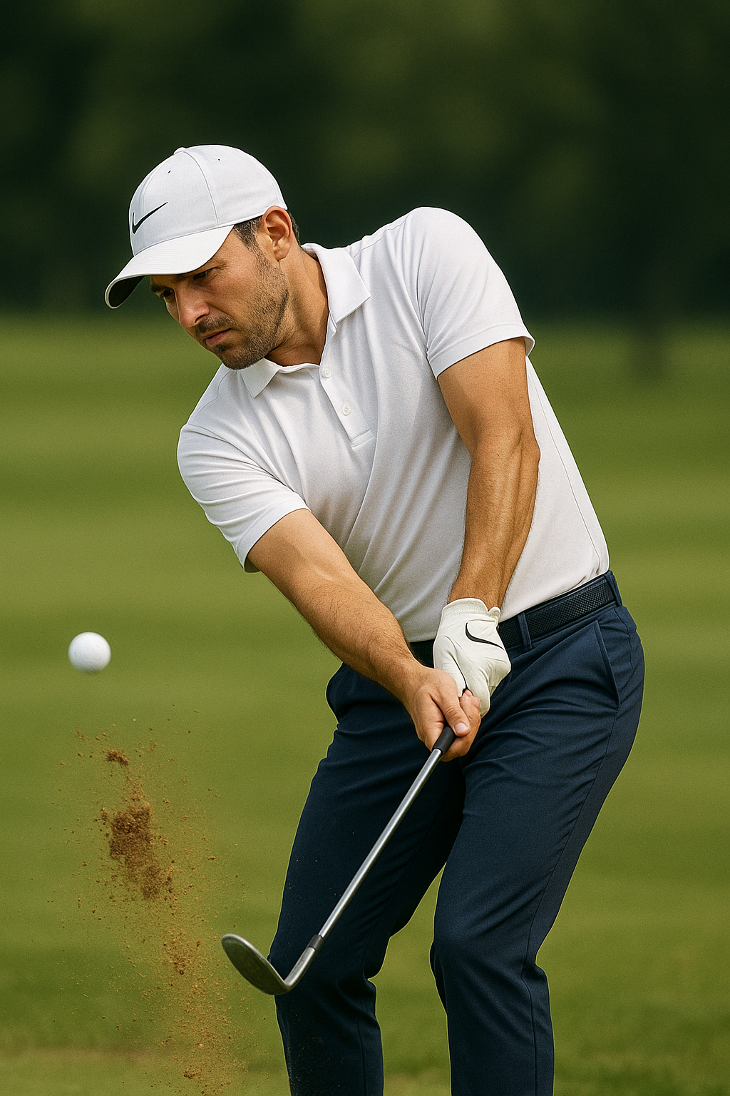 남자 프로 골퍼 정확한 임팩트로 웨지샷 날리는 모습