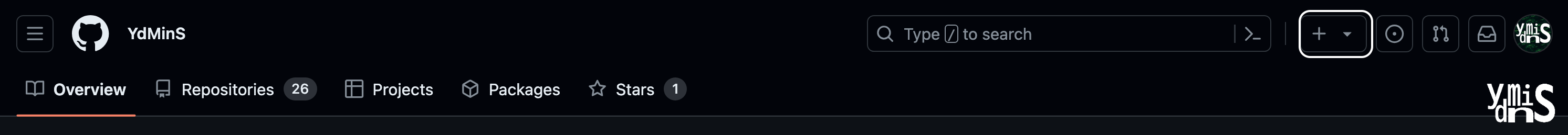 깃허브 페이지 상단 모습이다. + 버튼이 강조돼 있다.