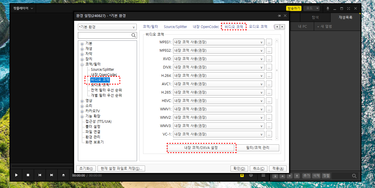 팟플레이어 환경설정(F5) 화면 예시