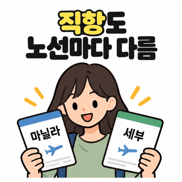 직항도 노선마다 다름 문구와 함께 여행자가 마닐라행과 세부행 탑승권 두 장을 비교하는 모습