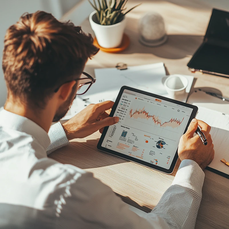 한국 연금 ETF 수익률을 직장인이 디지털 태블릿으로 분석하며 최신 트렌드와 투자 전략을 연구 중인 상황. 연금 ETF, 수익률 순위, 연금 투자 전략, ETF 차트, 사무실 배경이 자연스럽게 어우러져 연금 투자 정보 탐색에 적합