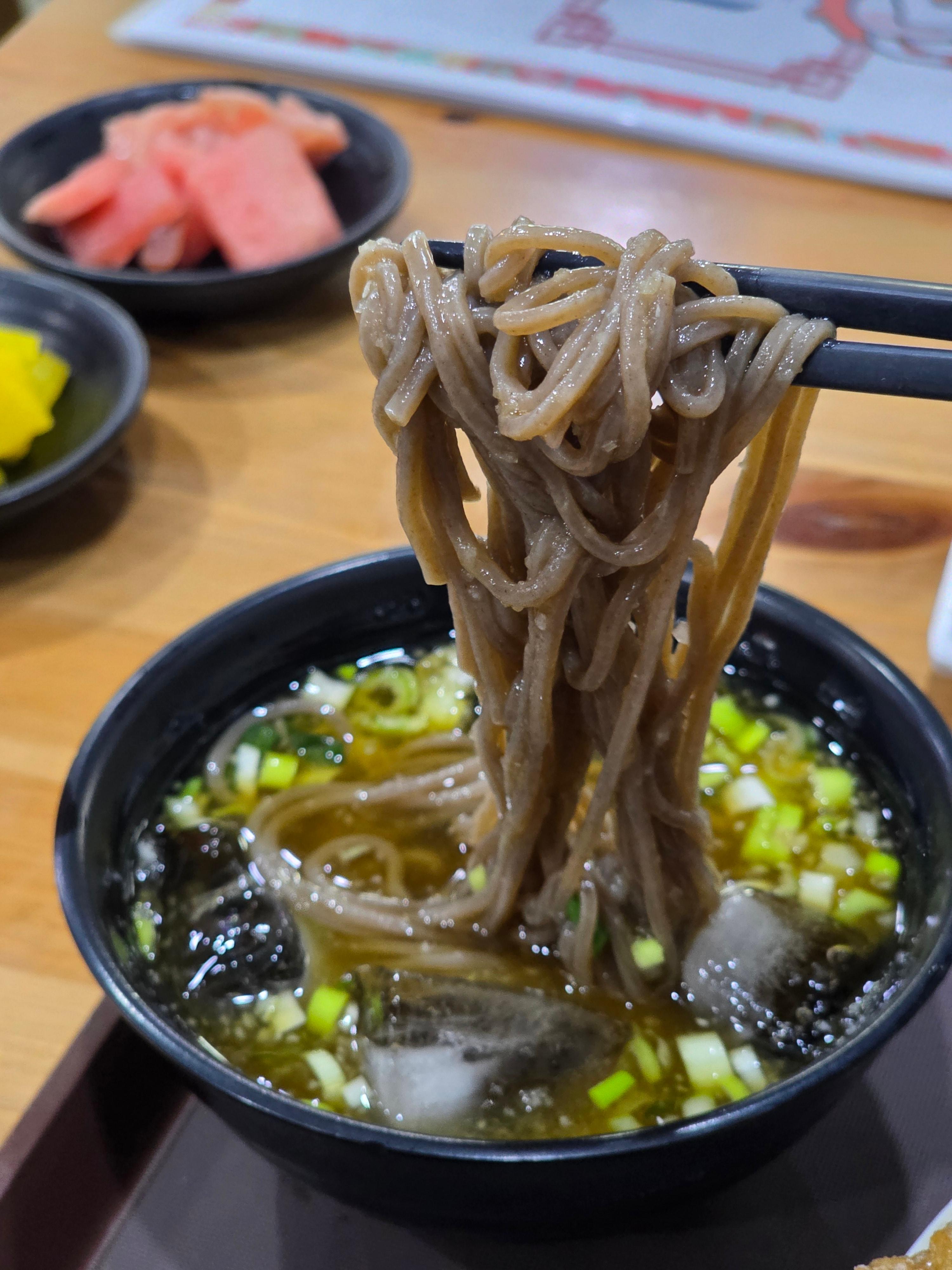 짭조름한 간장 소스에 메밀면을 가볍게 적셔 먹은 모습