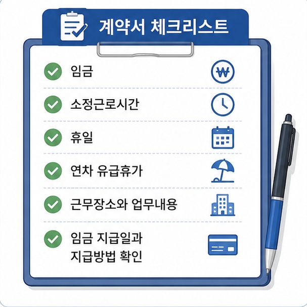 근로계약서에는 임금과 소정근로시간, 휴일과 연차 유급휴가를 비롯해 근무장소와 업무내용, 임금 지급방법 등을 명확하게 확인해야 함을 보여 주는 그림