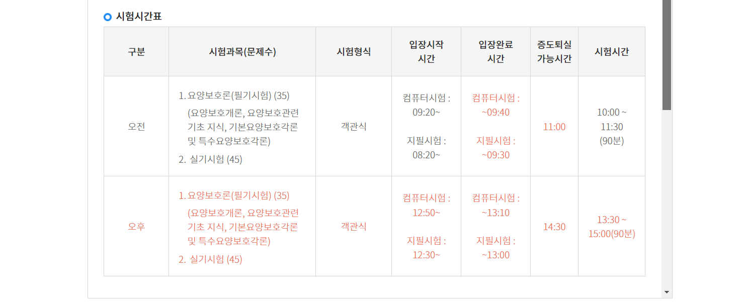 2023-2024년 요양보호사 시험 과목 및 시험시간표