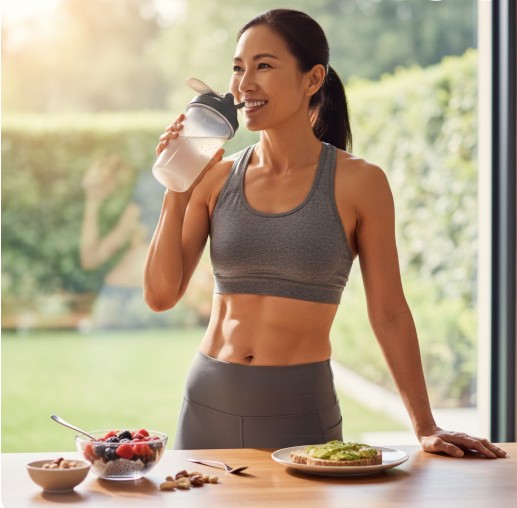 운동후 영양 보충 하는 모습